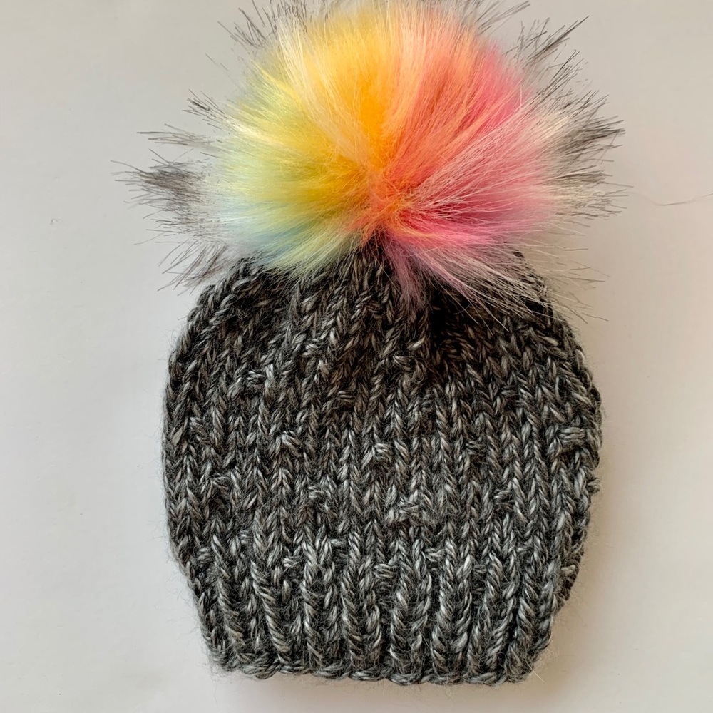 Textured Child’s Beanie Grey with Rainbow Pom
